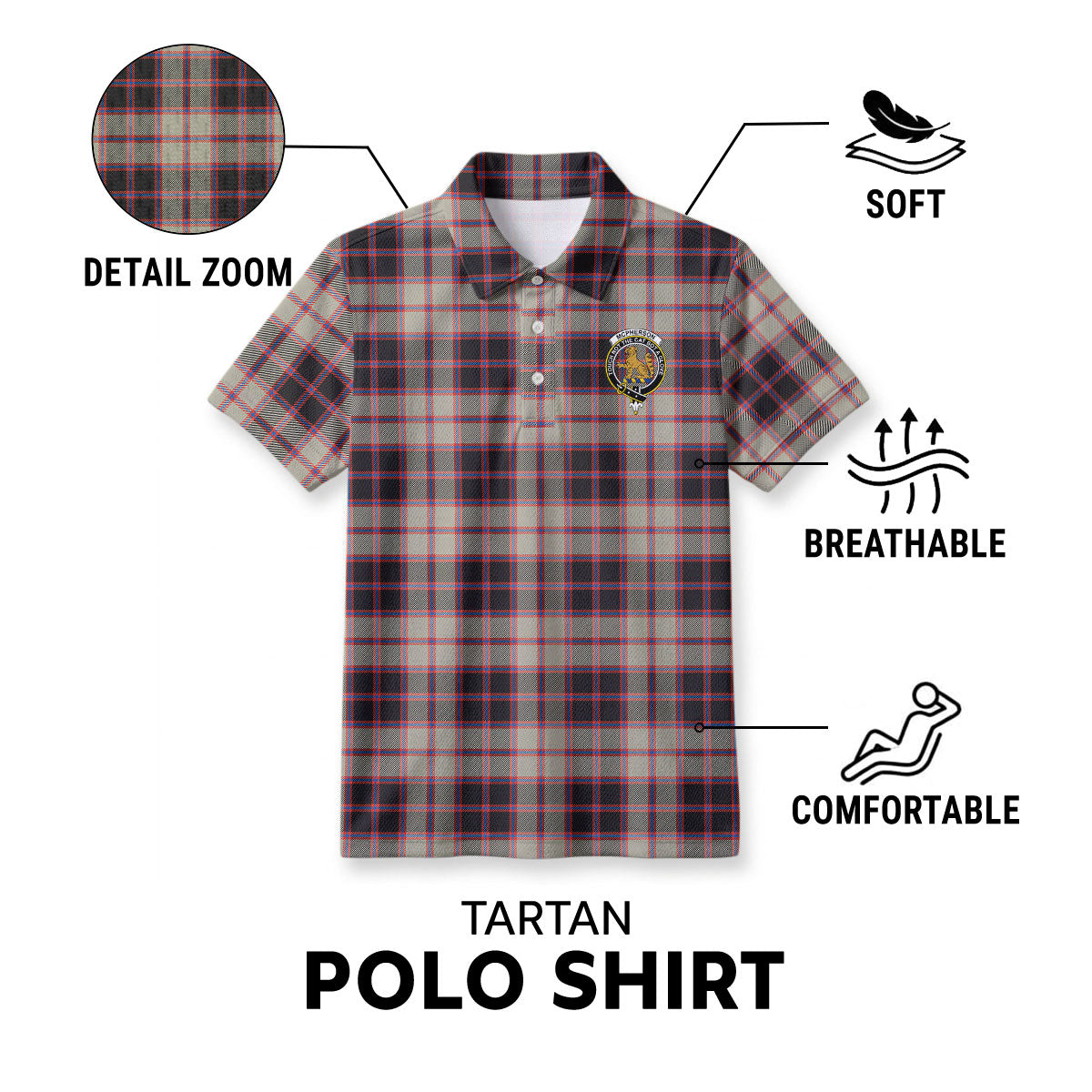 McPherson Hunting Ancient Tartan Crest Birdseye Mesh Polo Shirt