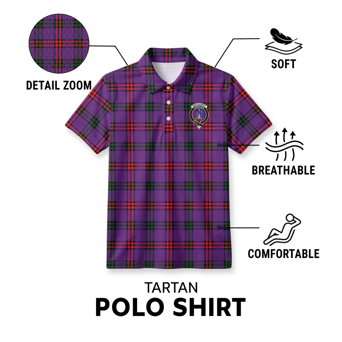 Montgomery Modern Tartan Crest Birdseye Mesh Polo Shirt