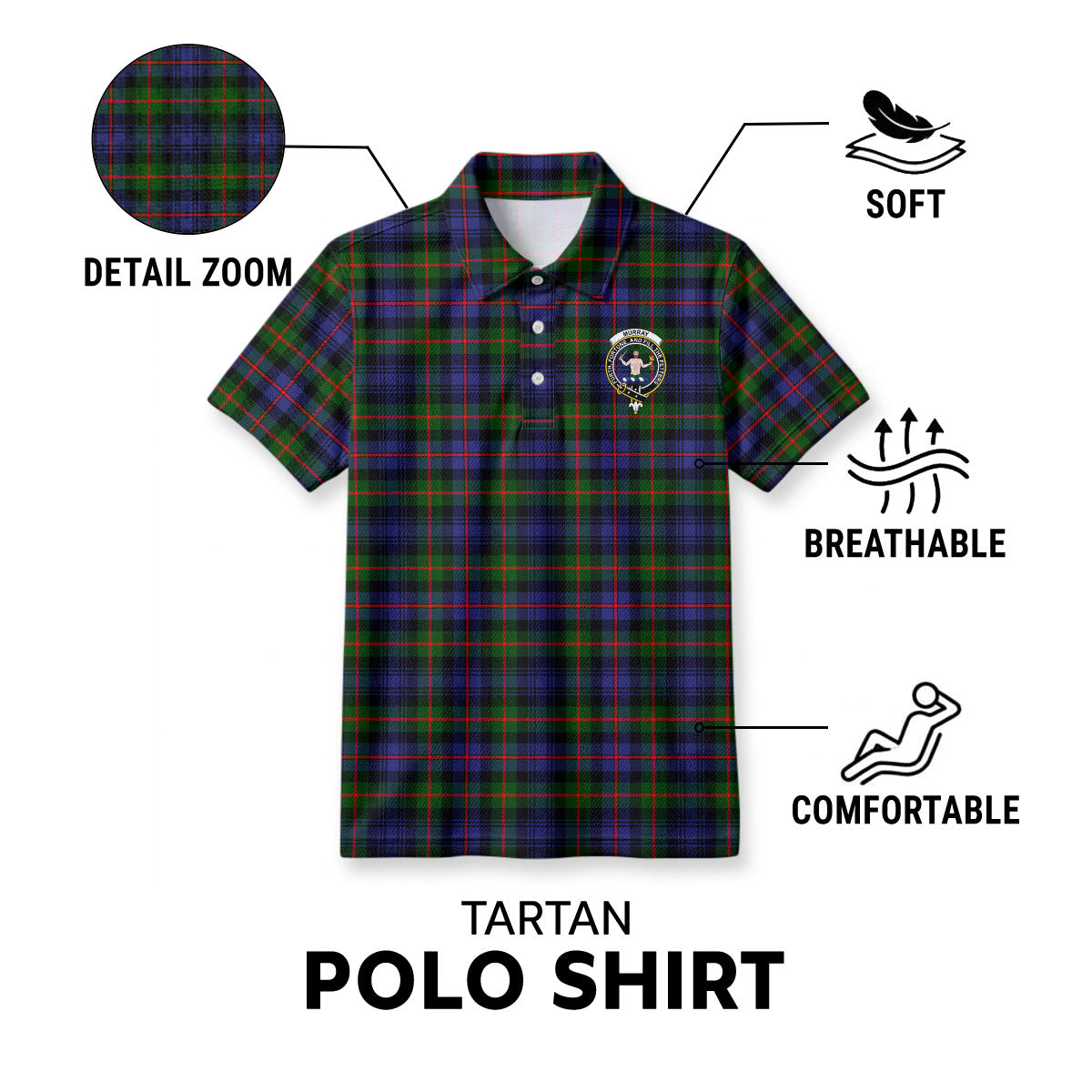 Murray of Atholl Modern Tartan Crest Birdseye Mesh Polo Shirt