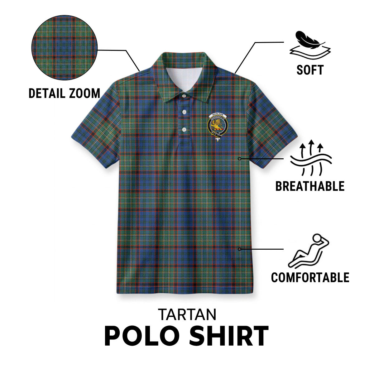 Nicolson Hunting Ancient Tartan Crest Birdseye Mesh Polo Shirt