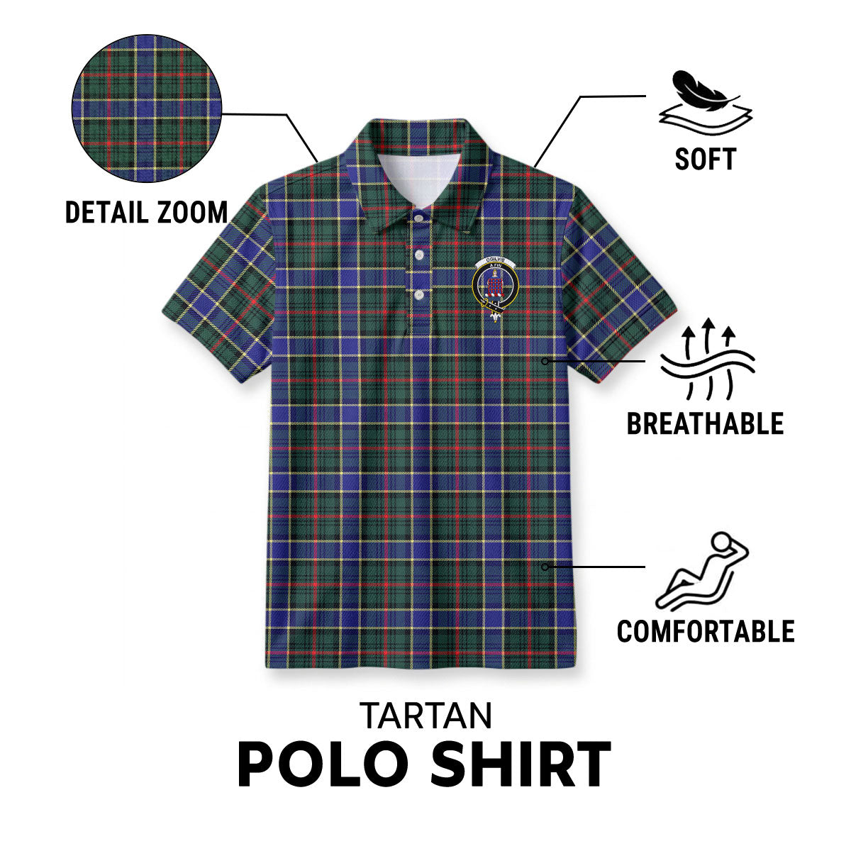 Ogilvie Hunting Modern Tartan Crest Birdseye Mesh Polo Shirt