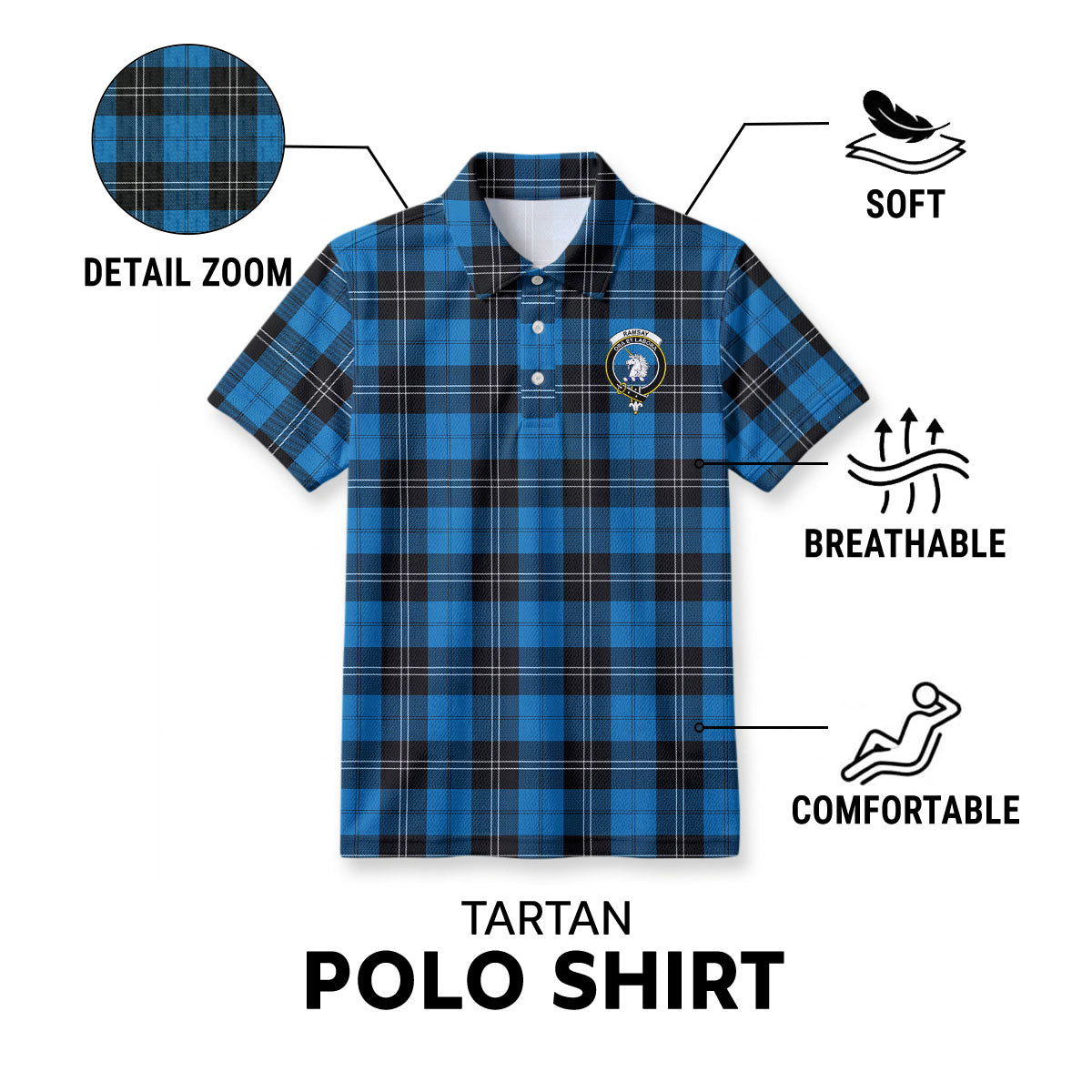 Ramsay Blue Ancient Tartan Crest Birdseye Mesh Polo Shirt