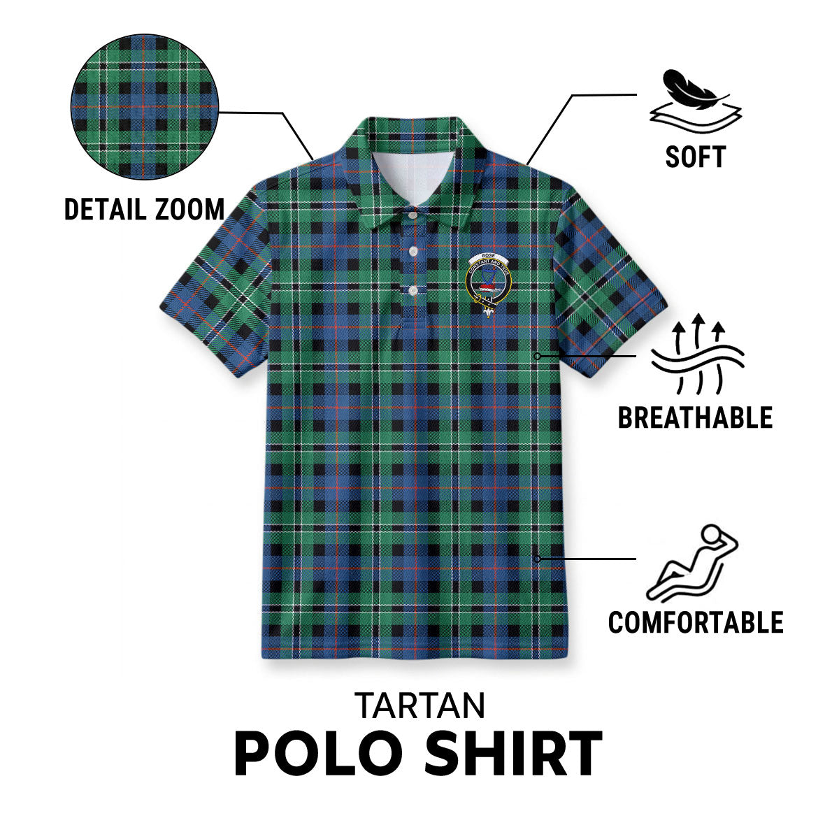 Rose Hunting Ancient Tartan Crest Birdseye Mesh Polo Shirt