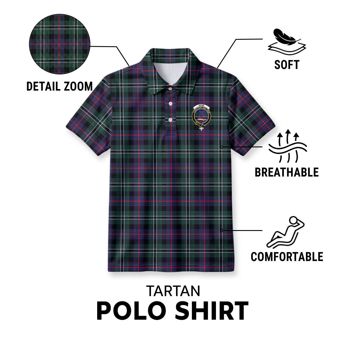 Rose Hunting Modern Tartan Crest Birdseye Mesh Polo Shirt