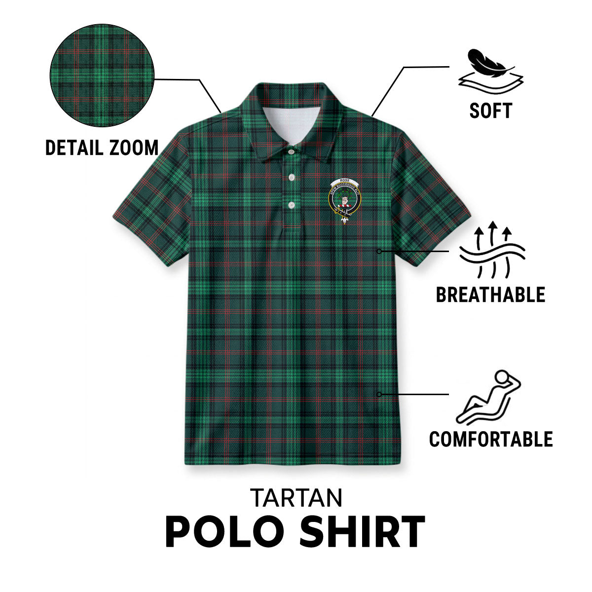 Ross Hunting Modern Tartan Crest Birdseye Mesh Polo Shirt