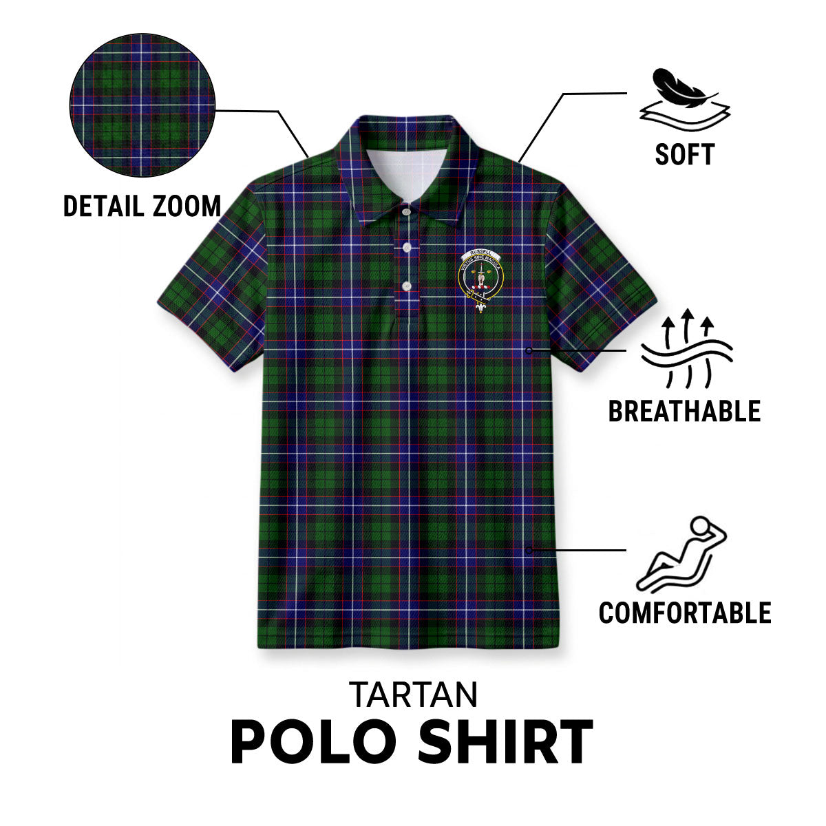 Russell Modern Tartan Crest Birdseye Mesh Polo Shirt