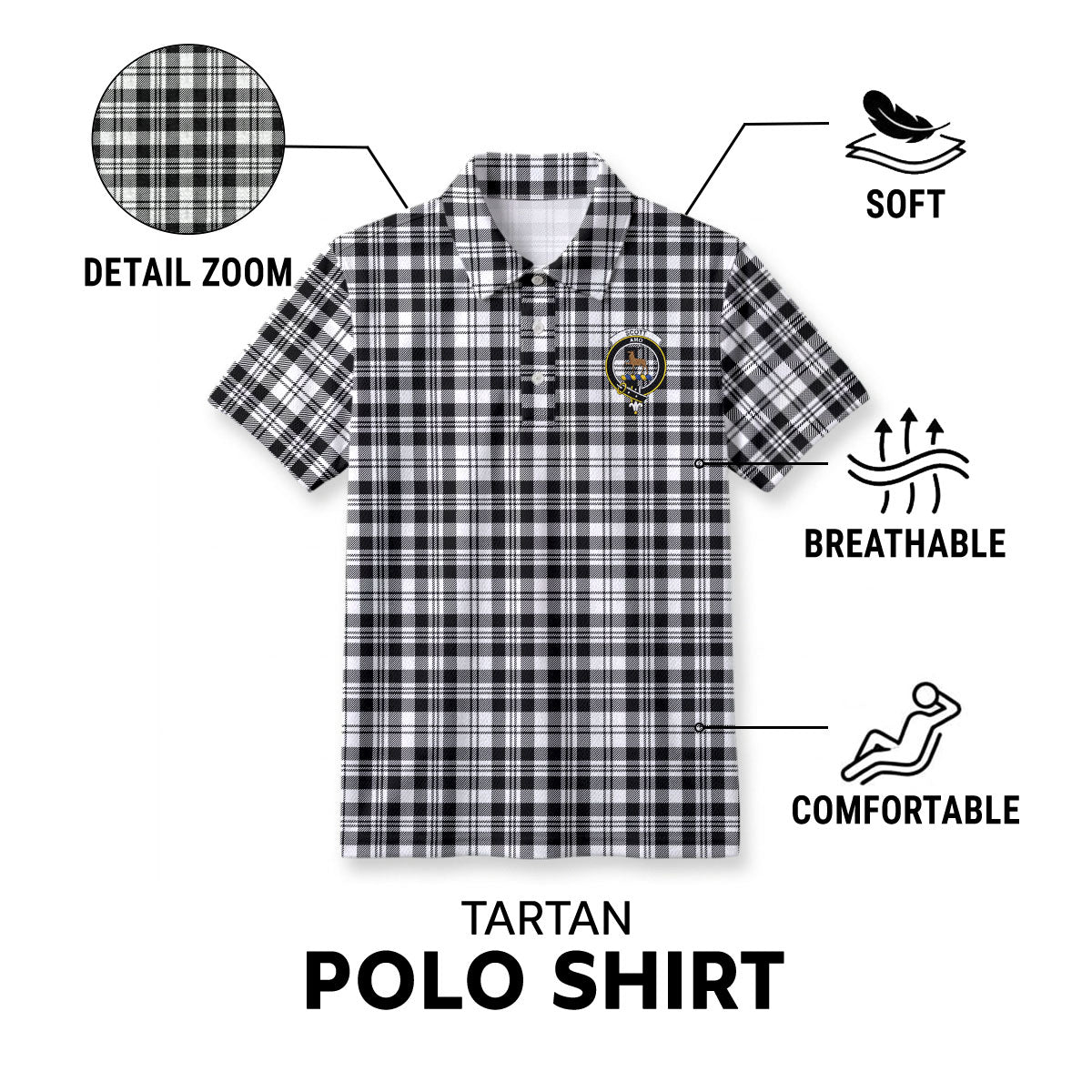 Scott Black & White Modern Tartan Crest Birdseye Mesh Polo Shirt