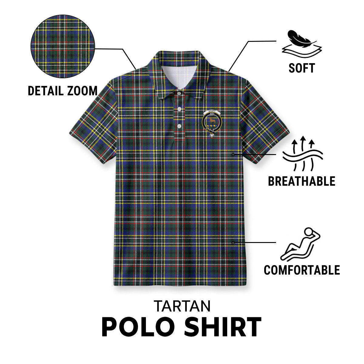 Scott Green Modern Tartan Crest Birdseye Mesh Polo Shirt