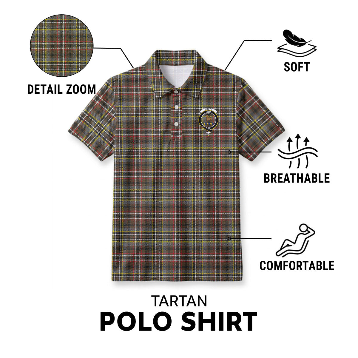 Scott Green Weathered Tartan Crest Birdseye Mesh Polo Shirt