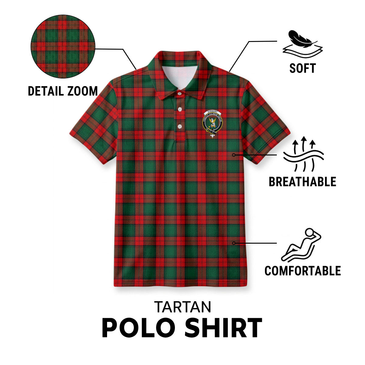 Stewart Atholl Modern Tartan Crest Birdseye Mesh Polo Shirt