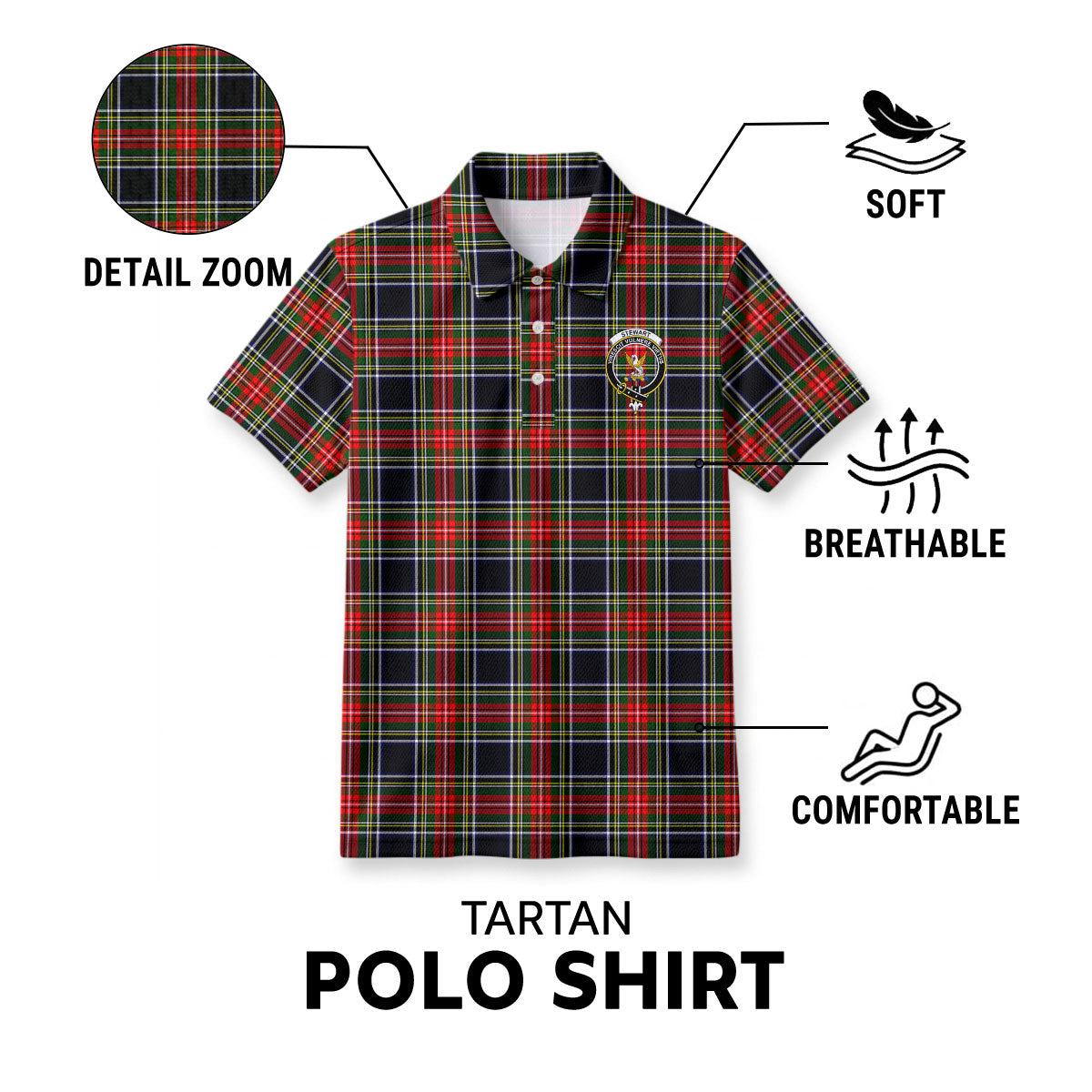 Stewart Black Tartan Crest Birdseye Mesh Polo Shirt