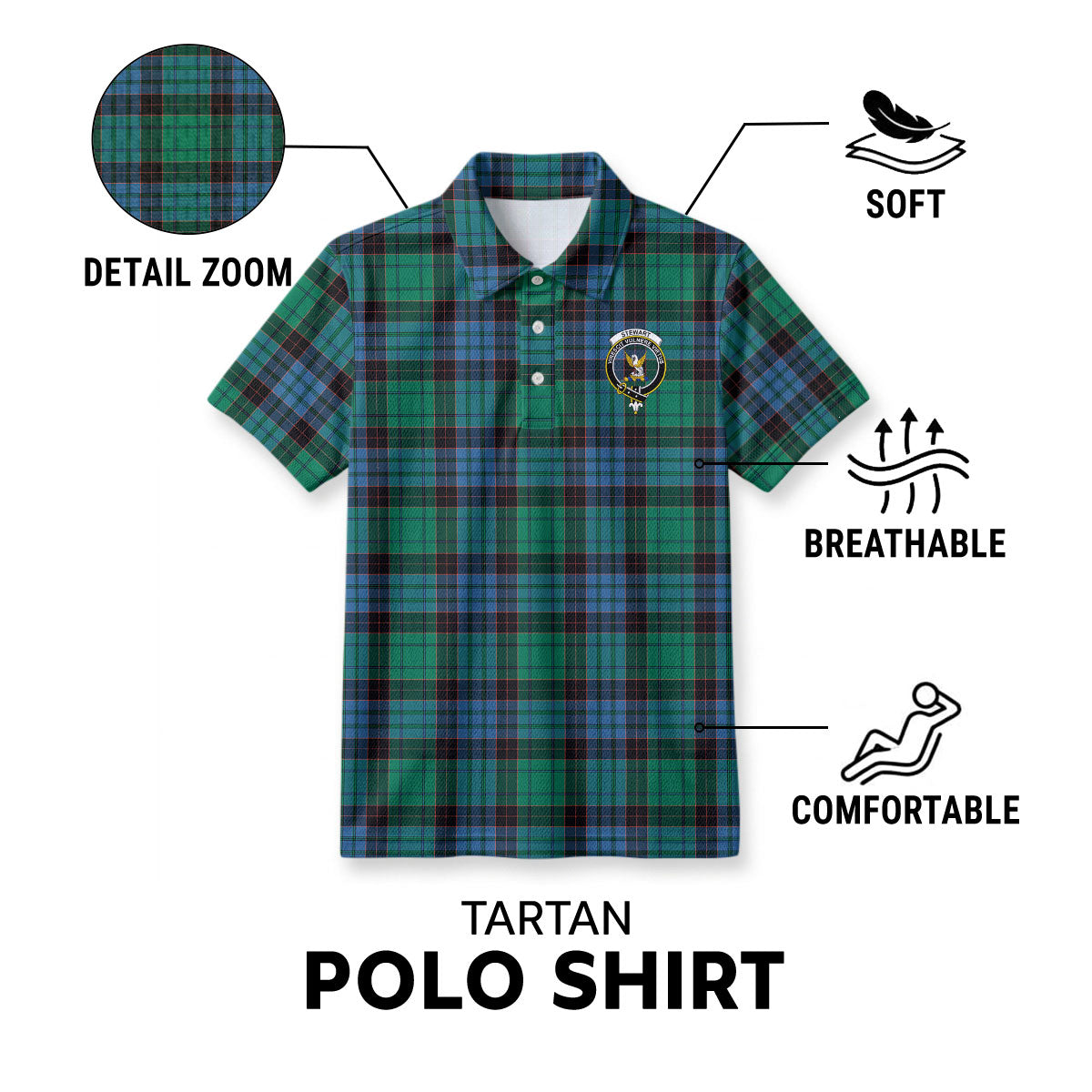 Stewart Old Ancient Tartan Crest Birdseye Mesh Polo Shirt