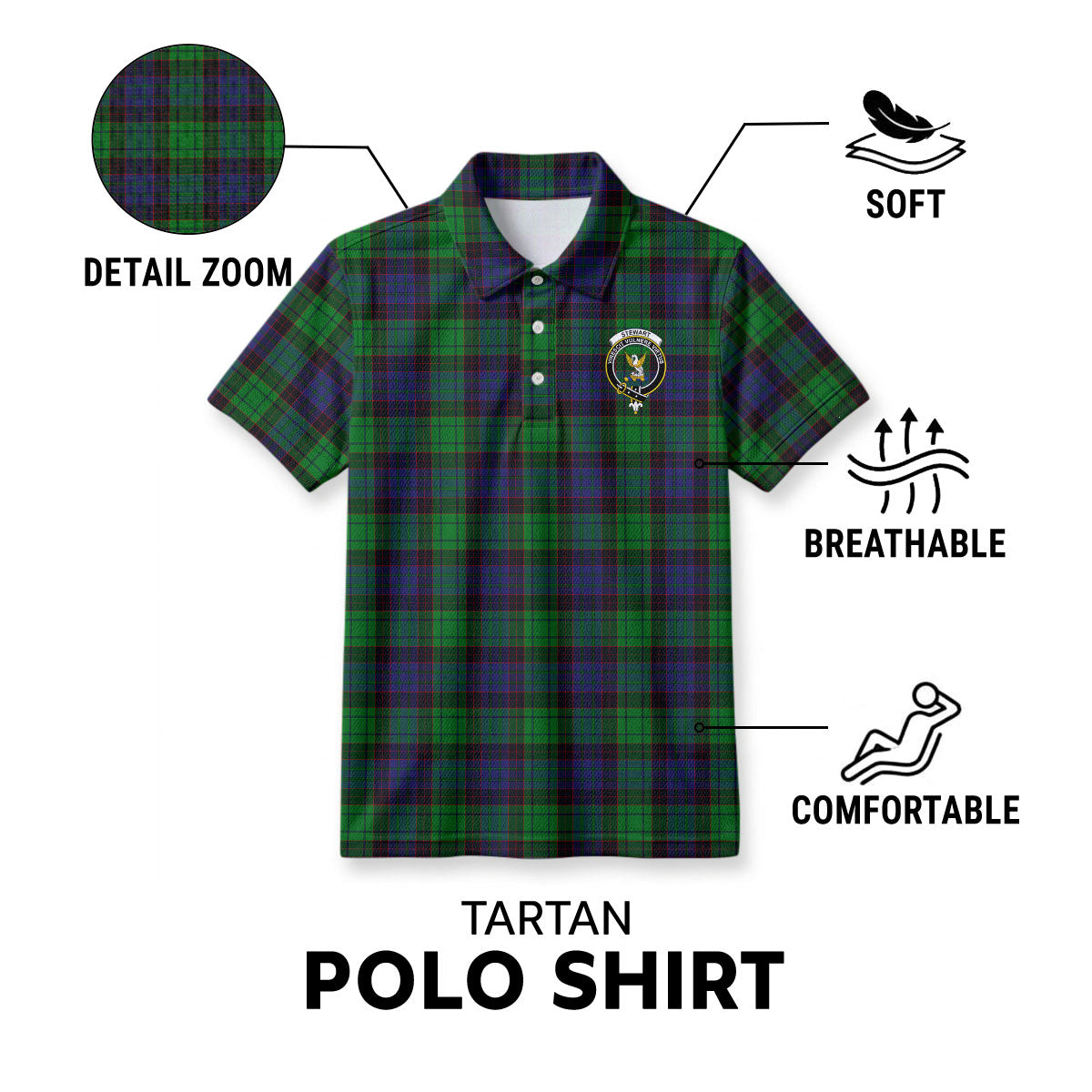 Stewart Old Modern Tartan Crest Birdseye Mesh Polo Shirt