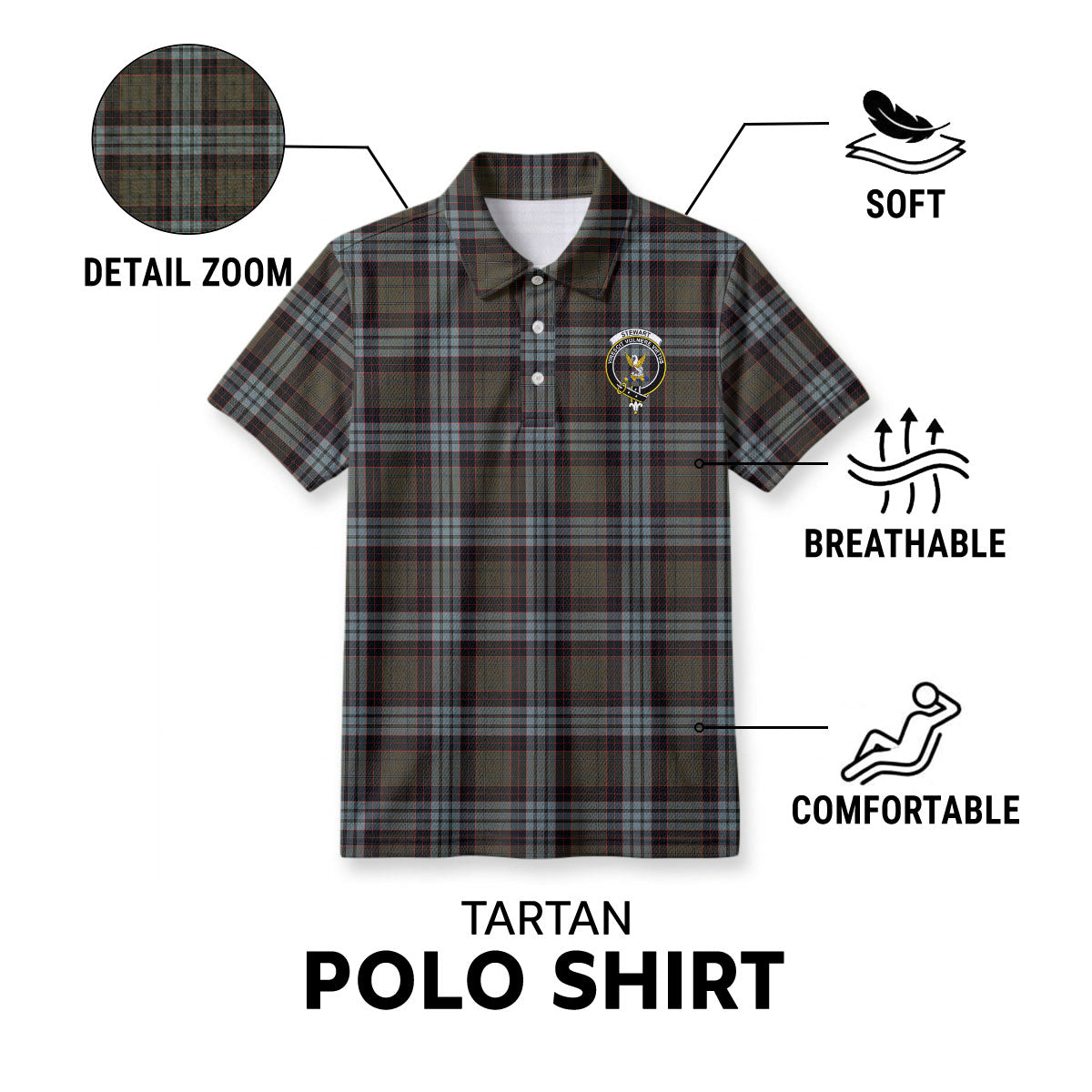 Stewart Old Weathered Tartan Crest Birdseye Mesh Polo Shirt