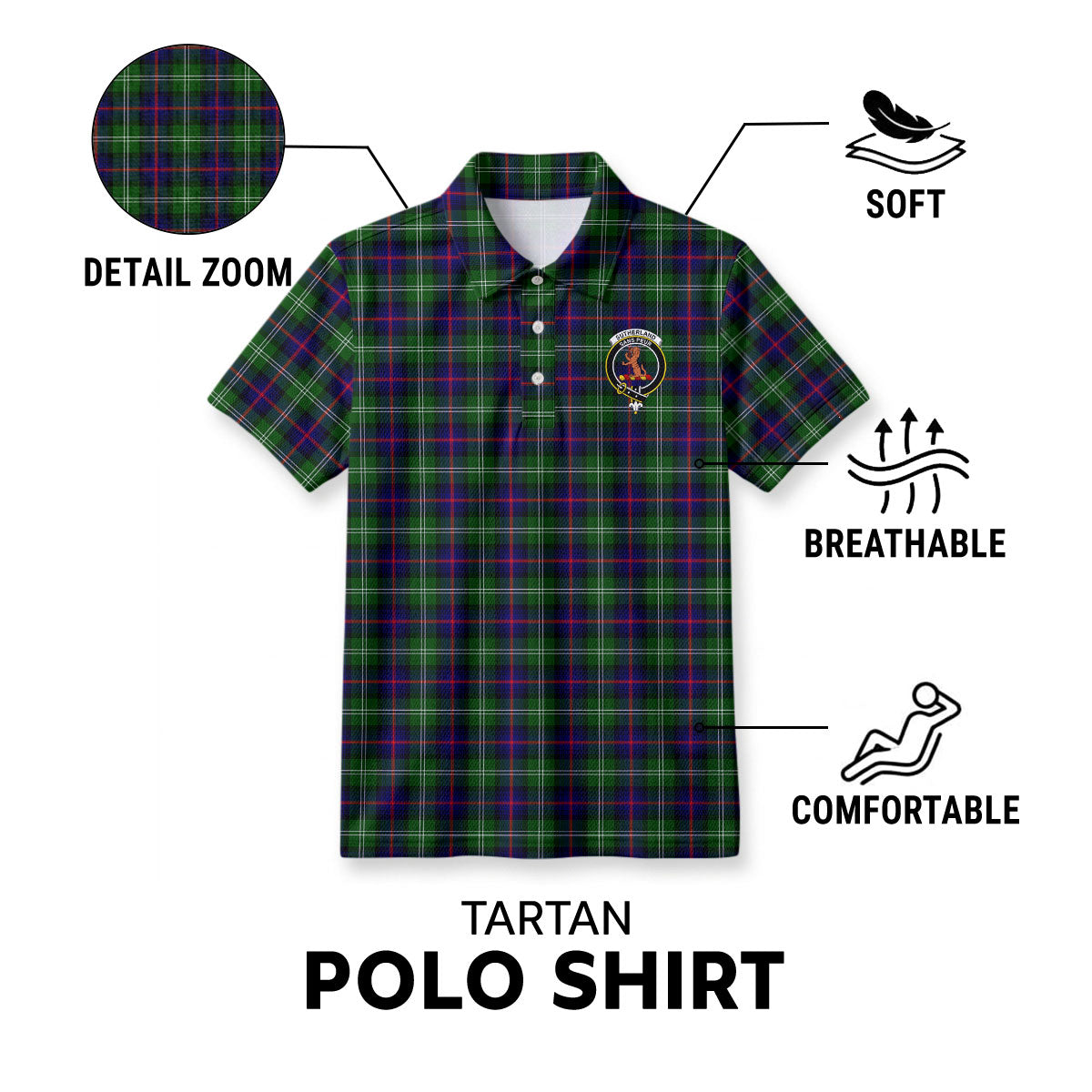 Sutherland Modern Tartan Crest Birdseye Mesh Polo Shirt