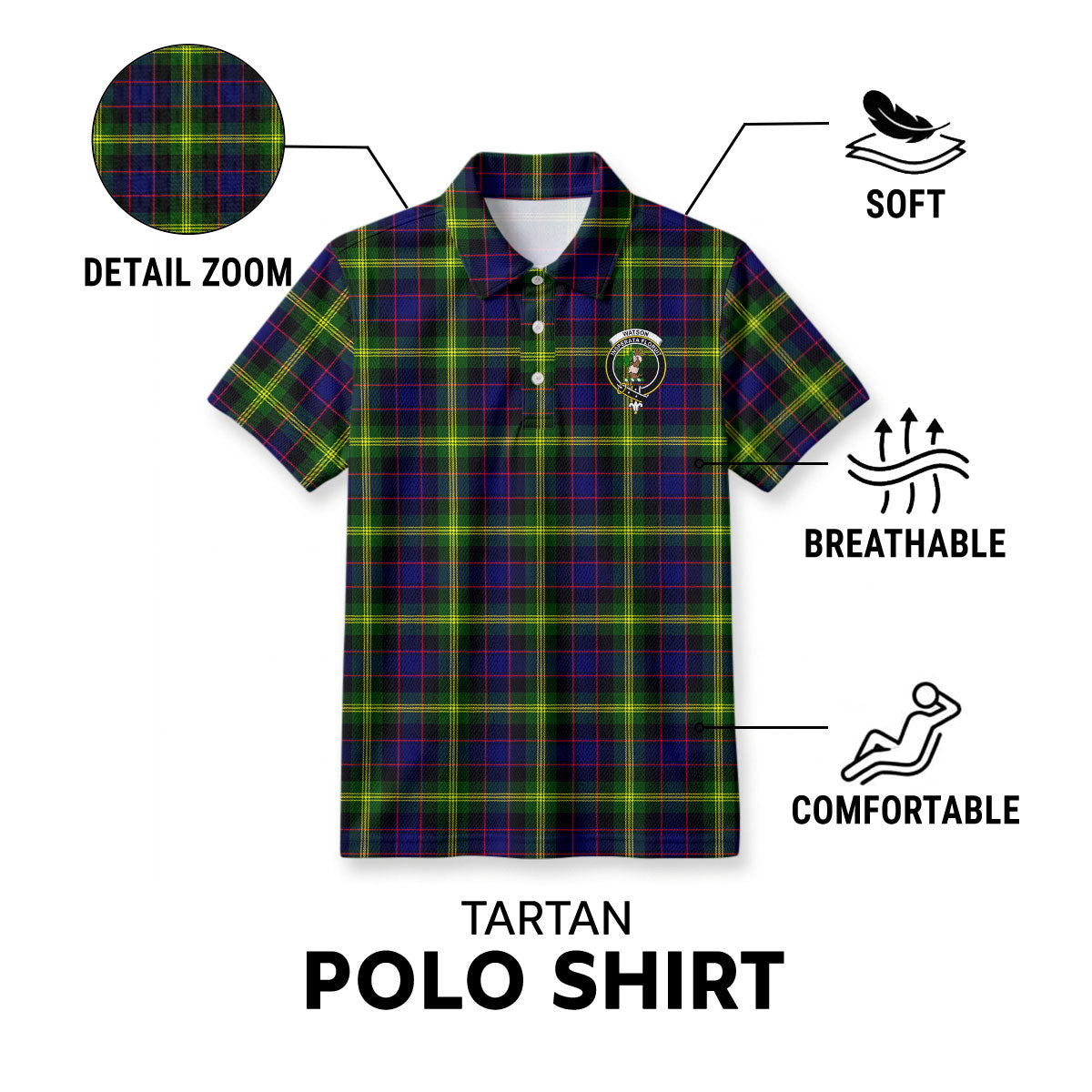 Watson Modern Tartan Crest Birdseye Mesh Polo Shirt
