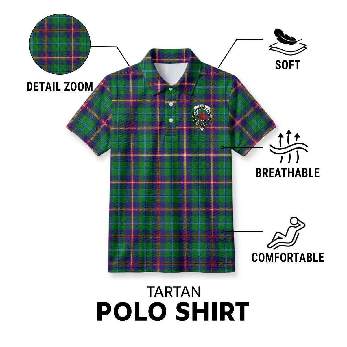 Young Modern Tartan Crest Birdseye Mesh Polo Shirt