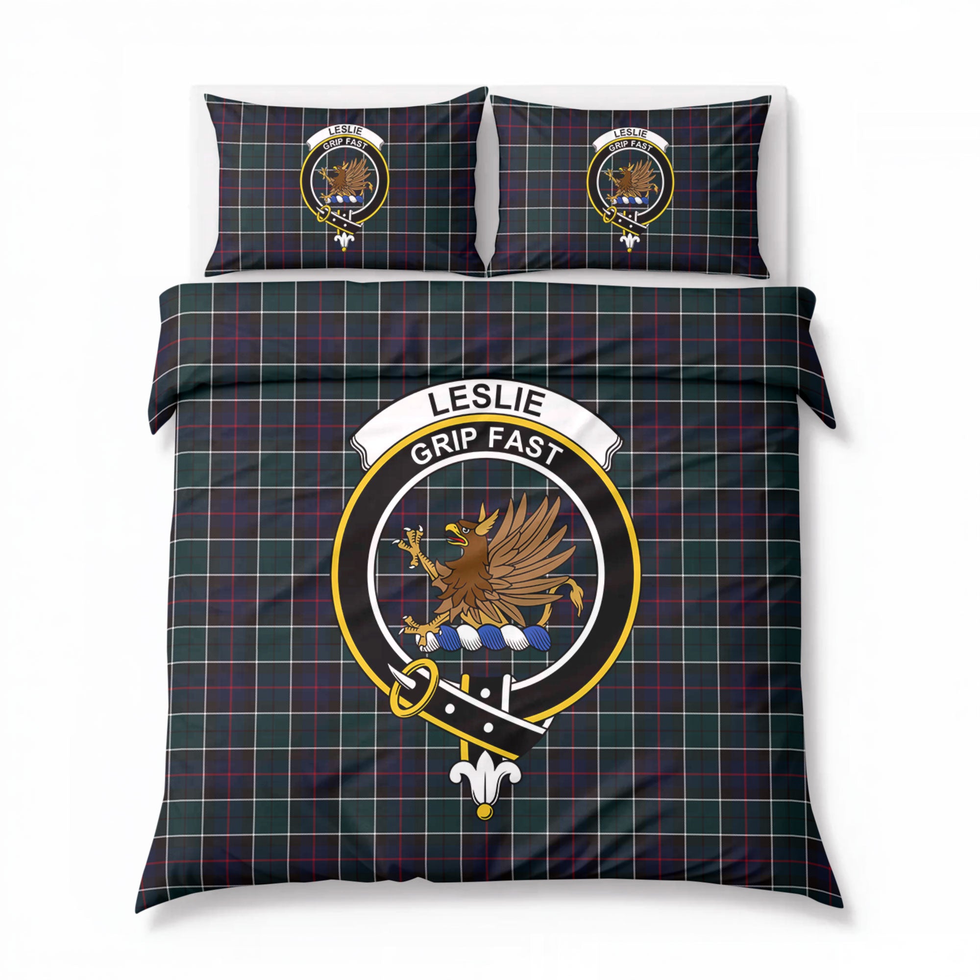 Leslie Hunting Modern Tartan Crest Bedding Set