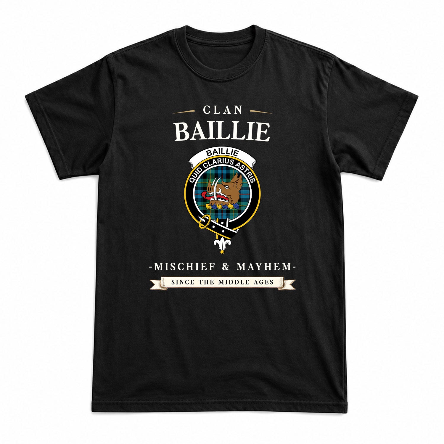 Baillie Ancient Tartan Crest Mischief and Mayhem T-shirt