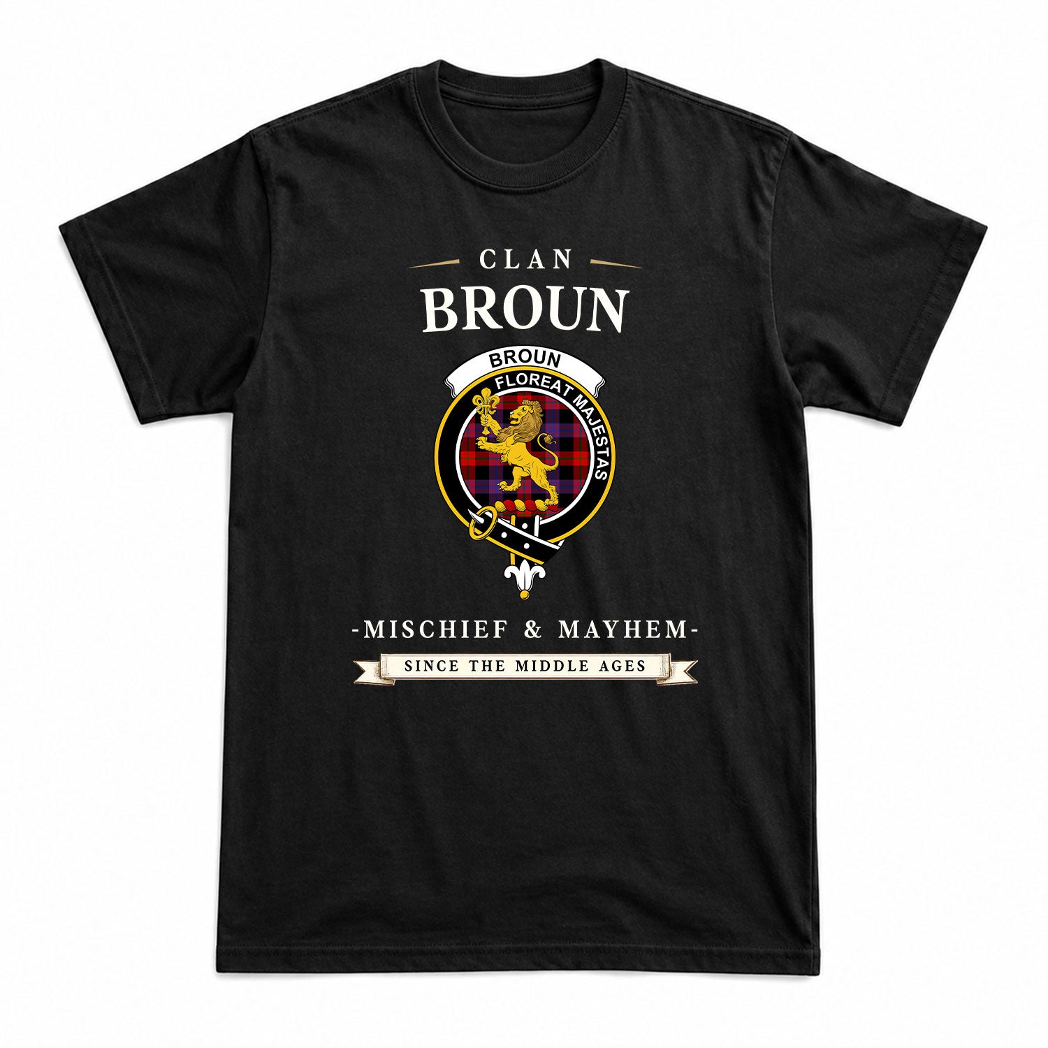 Broun Modern Tartan Crest Mischief and Mayhem T-shirt
