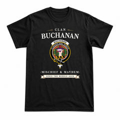 Buchanan Old Set Weathered Tartan Crest Mischief and Mayhem T-shirt