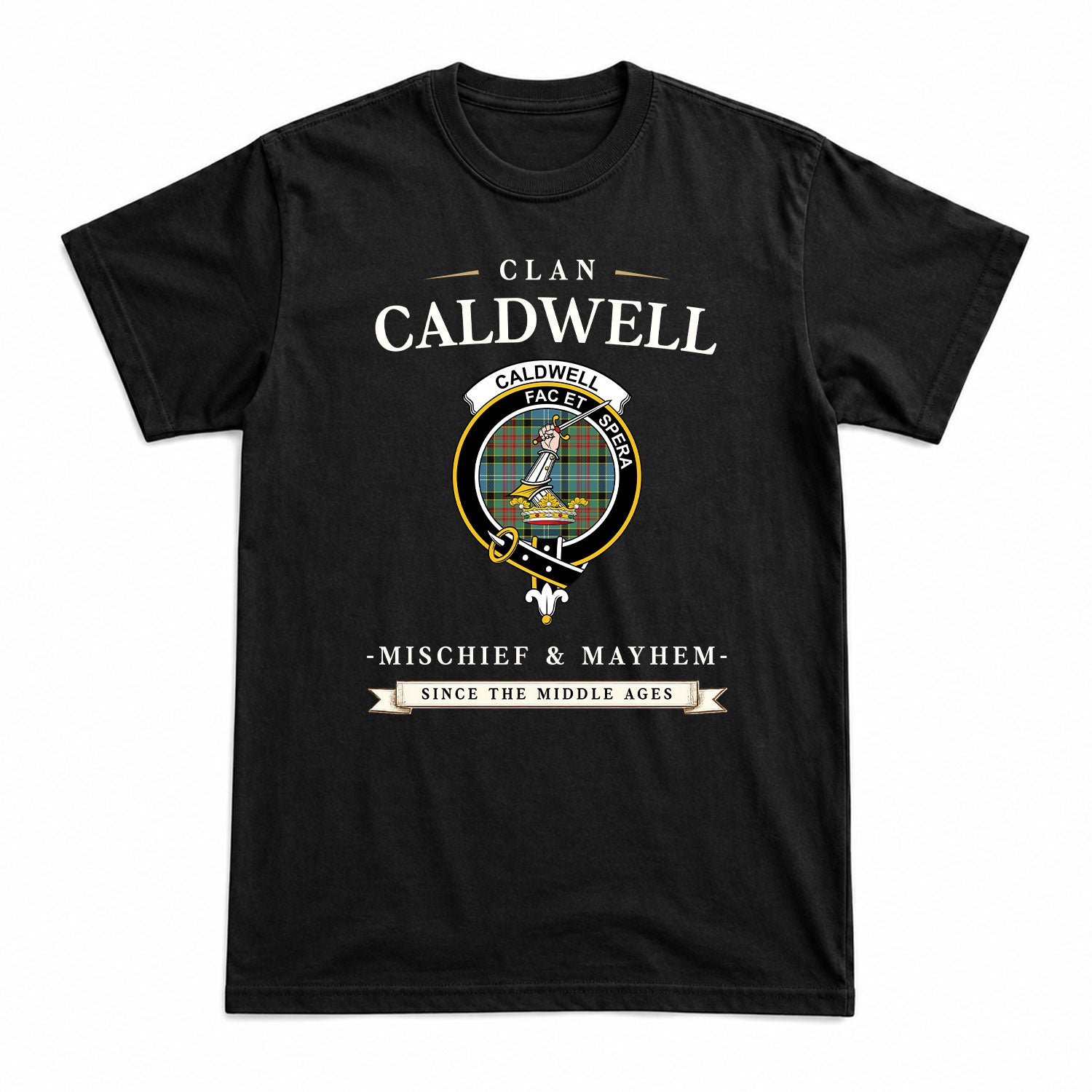 Caldwell Tartan Crest Mischief and Mayhem T-shirt