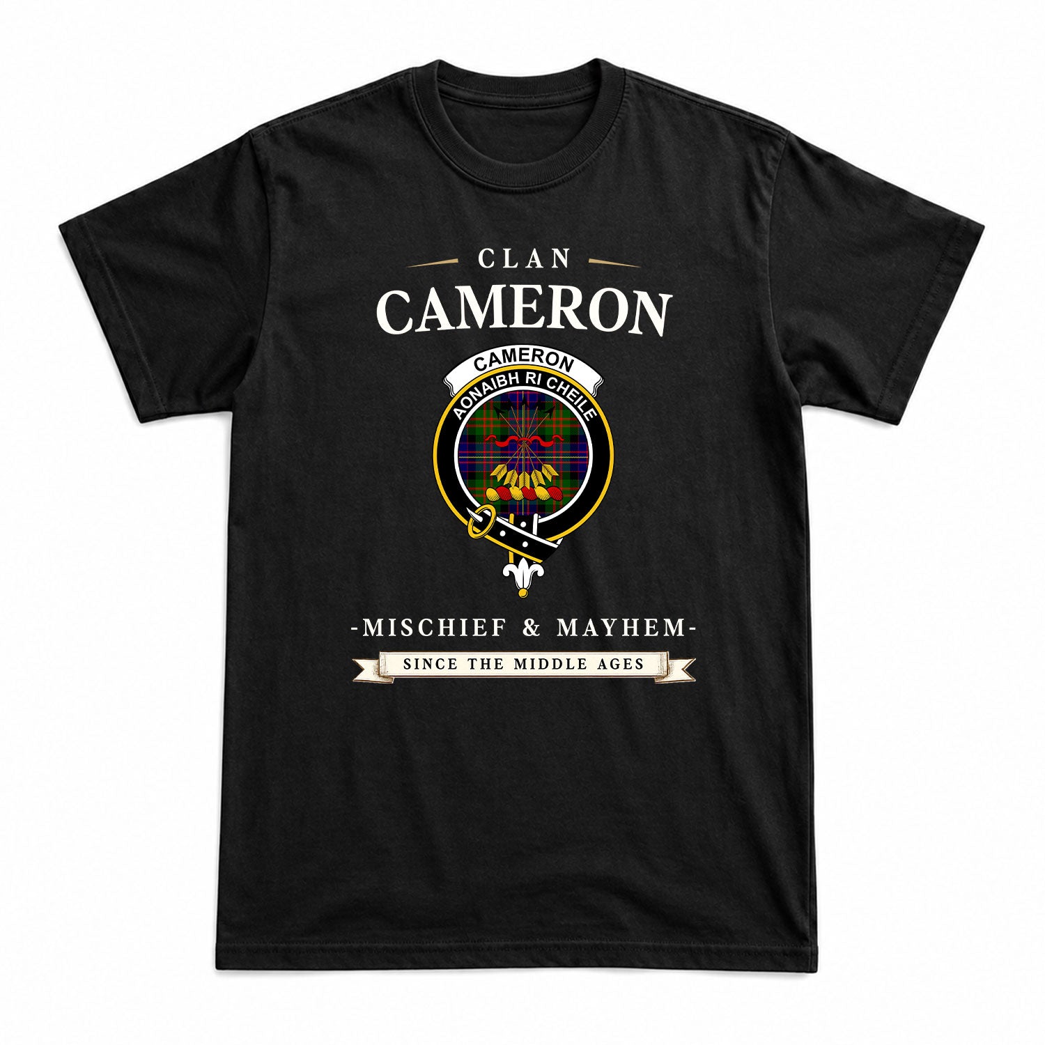 Cameron of Erracht Modern Tartan Crest Mischief and Mayhem T-shirt