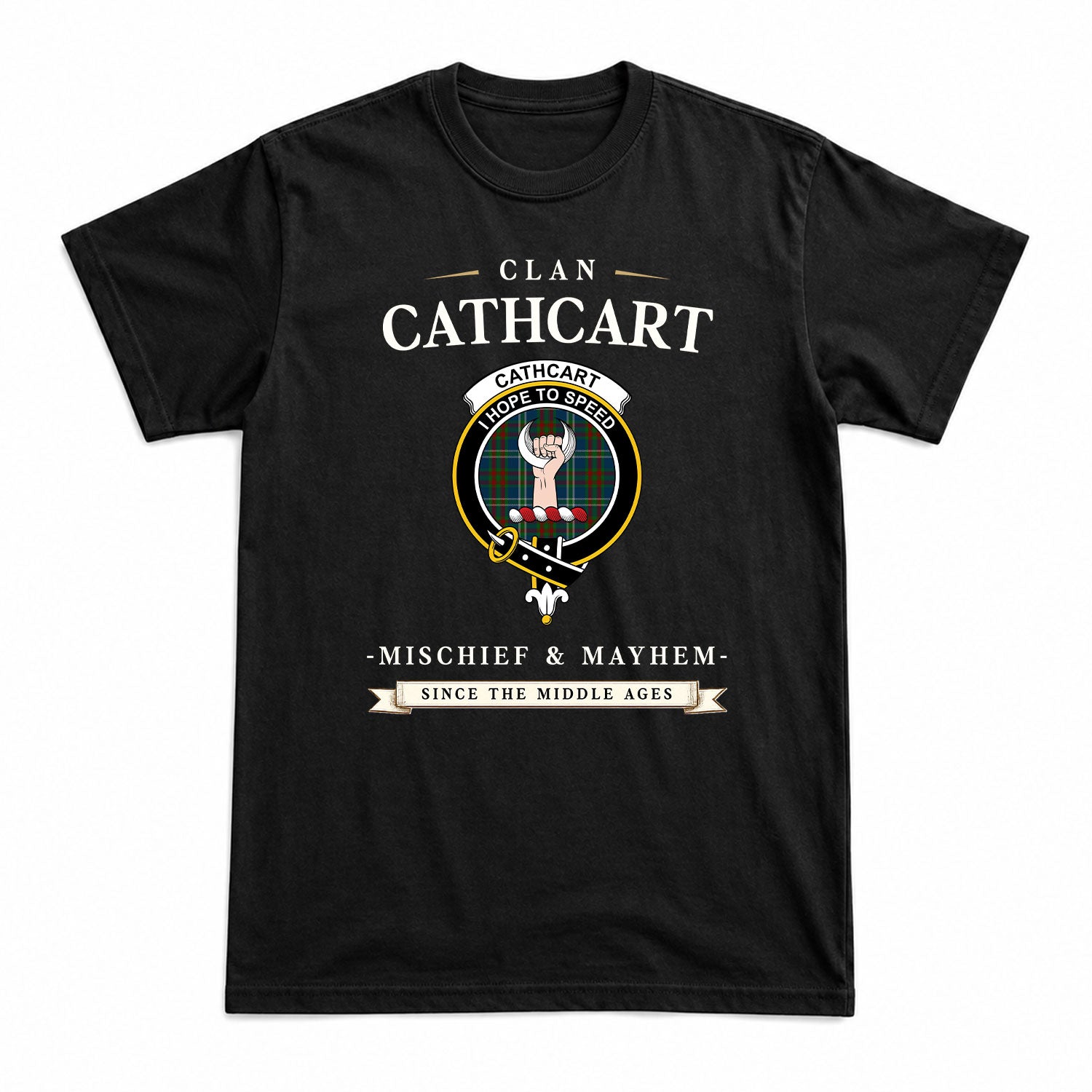 Cathcart Tartan Crest Mischief and Mayhem T-shirt