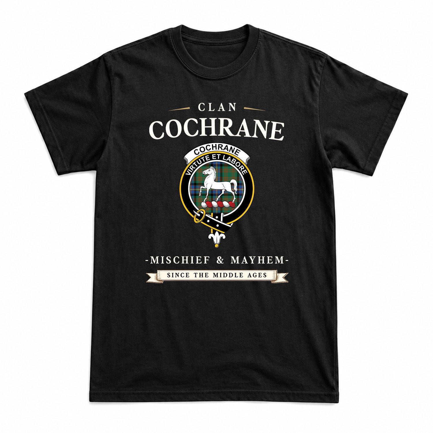 Cochrane Ancient Tartan Crest Mischief and Mayhem T-shirt