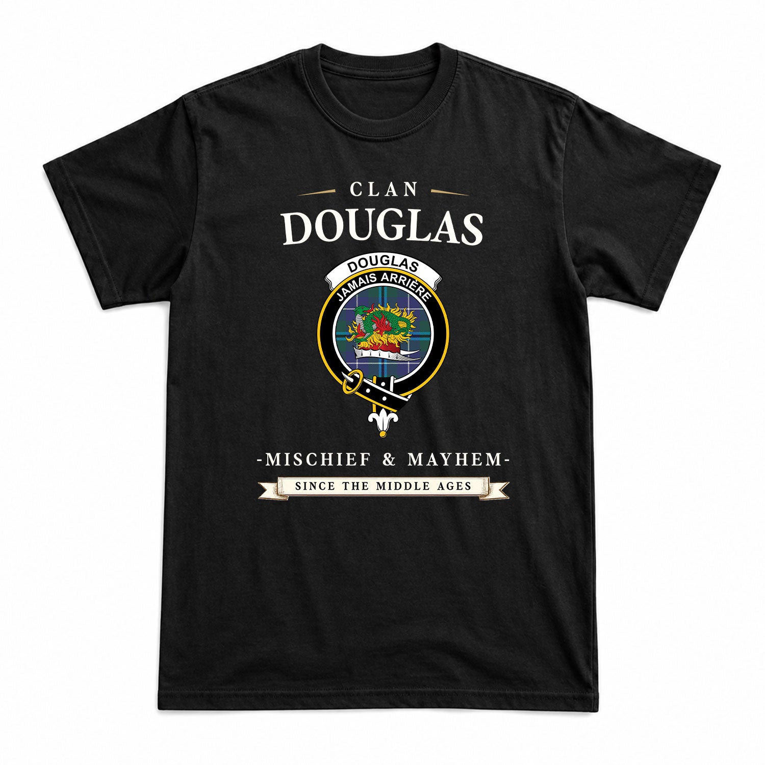 Douglas Modern Tartan Crest Mischief and Mayhem T-shirt