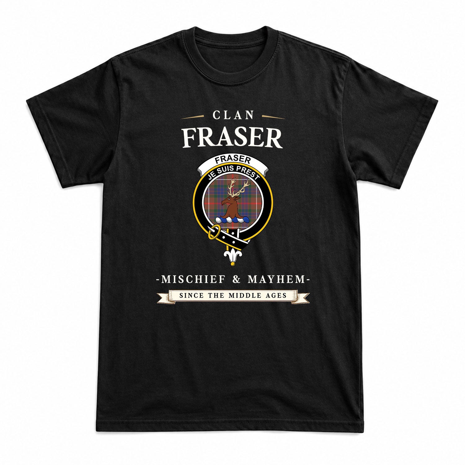 Fraser (of Lovat) Hunting Modern Tartan Crest Mischief and Mayhem T-shirt