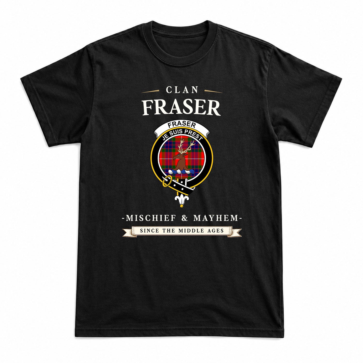 Fraser (of Lovat) Modern Tartan Crest Mischief and Mayhem T-shirt