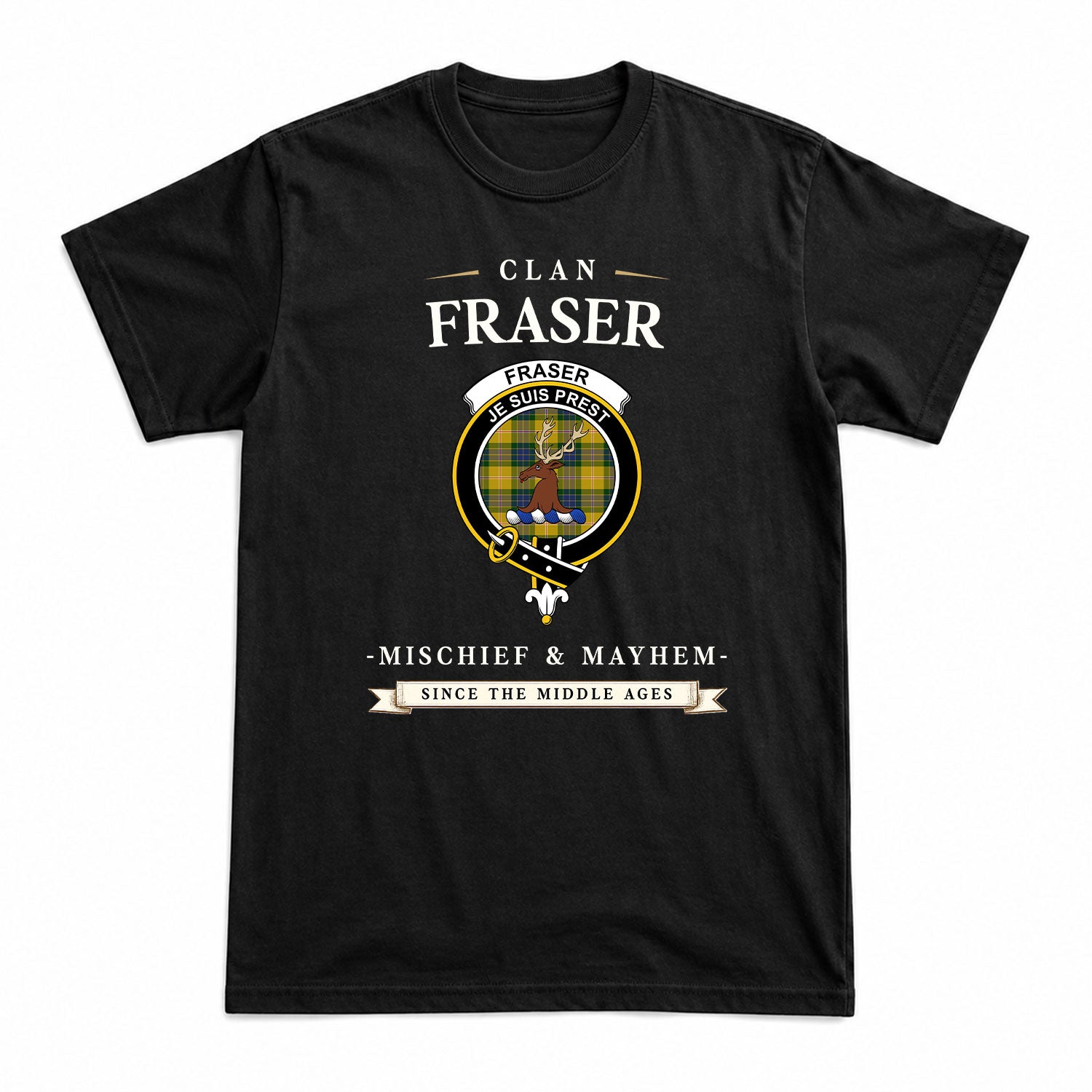 Fraser (of Lovat) Yellow Tartan Crest Mischief and Mayhem T-shirt