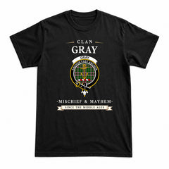 Gray Hunting Tartan Crest Mischief and Mayhem T-shirt