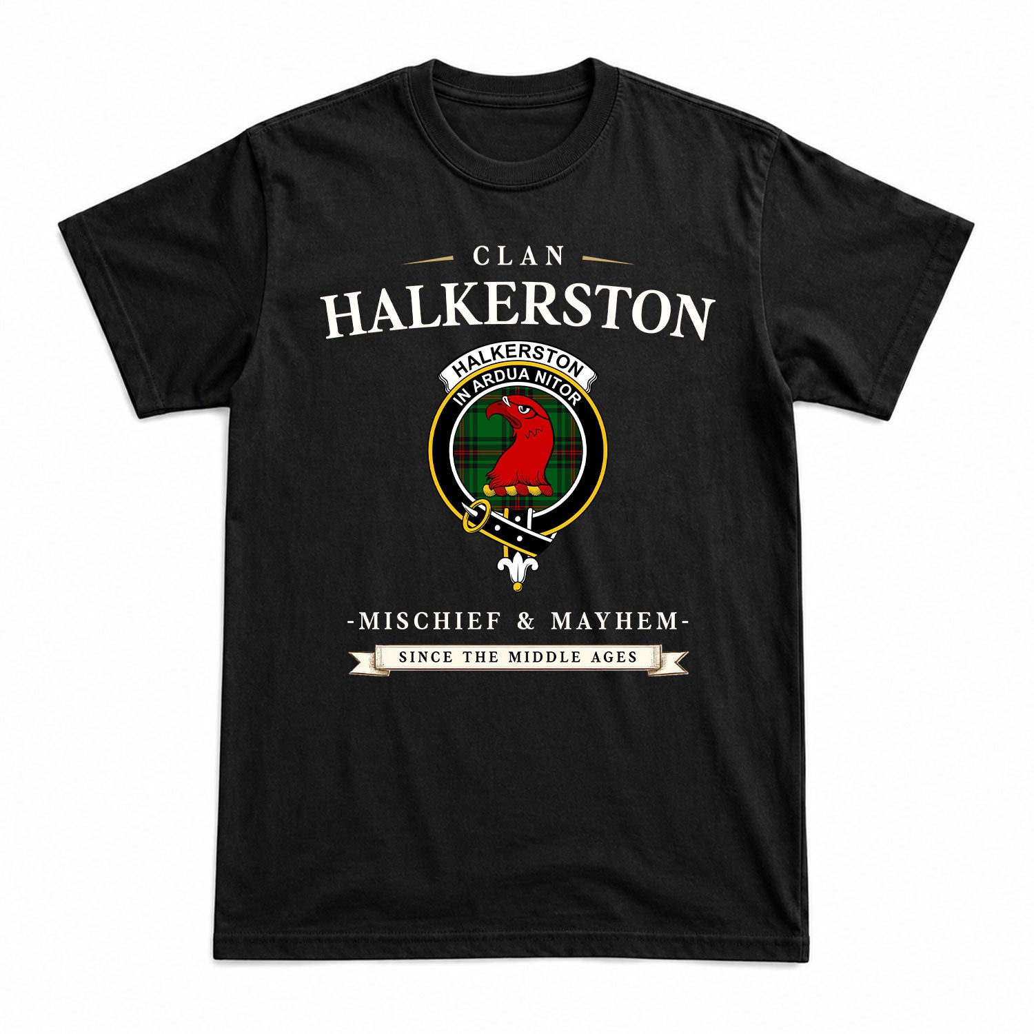 Halkerston Tartan Crest Mischief and Mayhem T-shirt