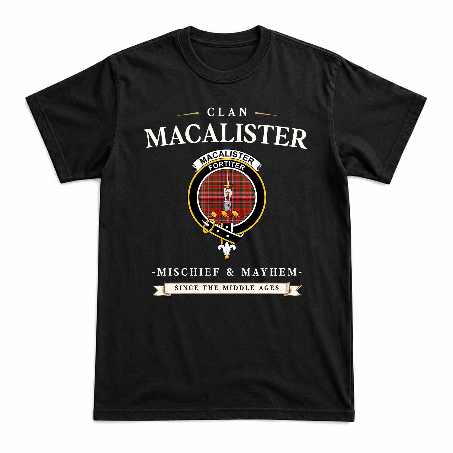 MacAlister Modern Tartan Crest Mischief and Mayhem T-shirt