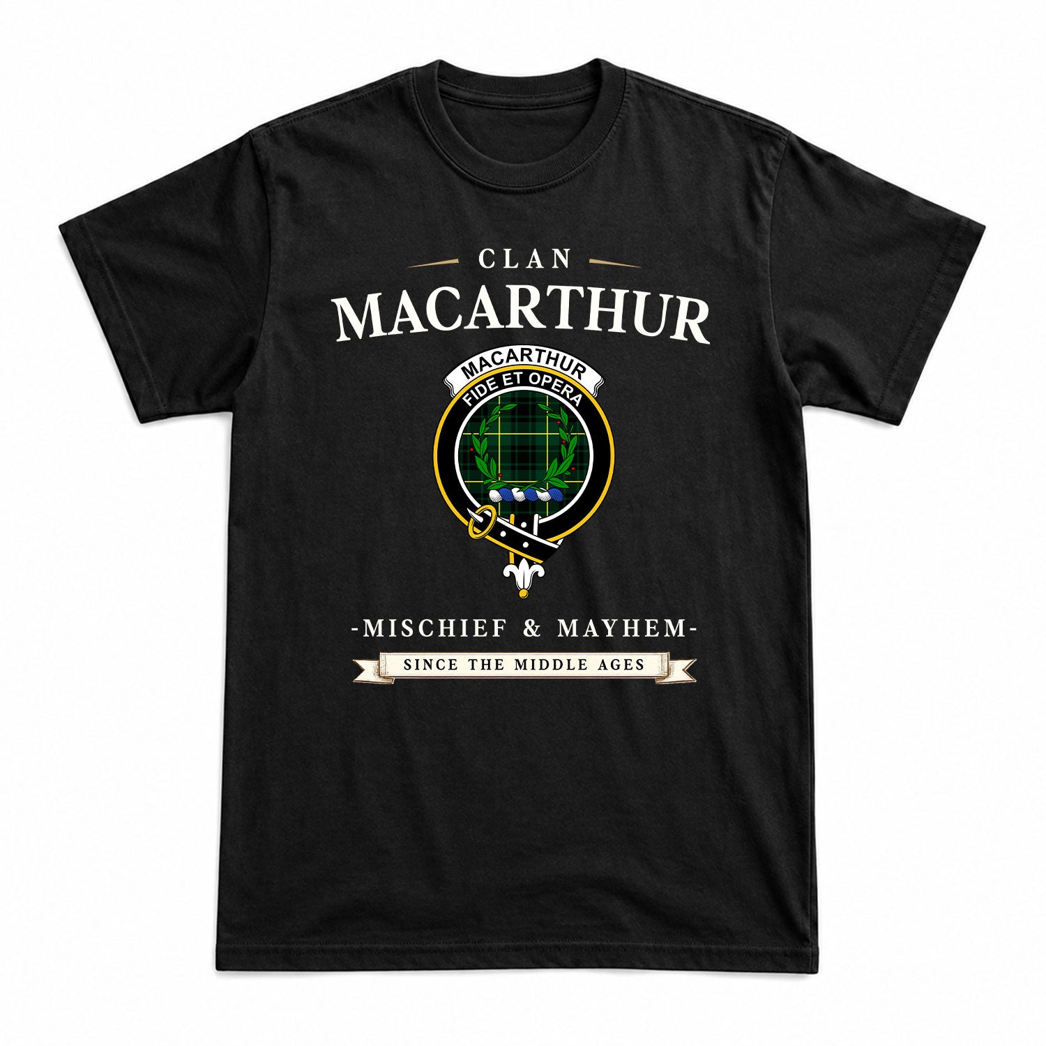 MacArthur Modern Tartan Crest Mischief and Mayhem T-shirt