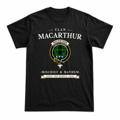 MacArthur Modern Tartan Crest Mischief and Mayhem T-shirt