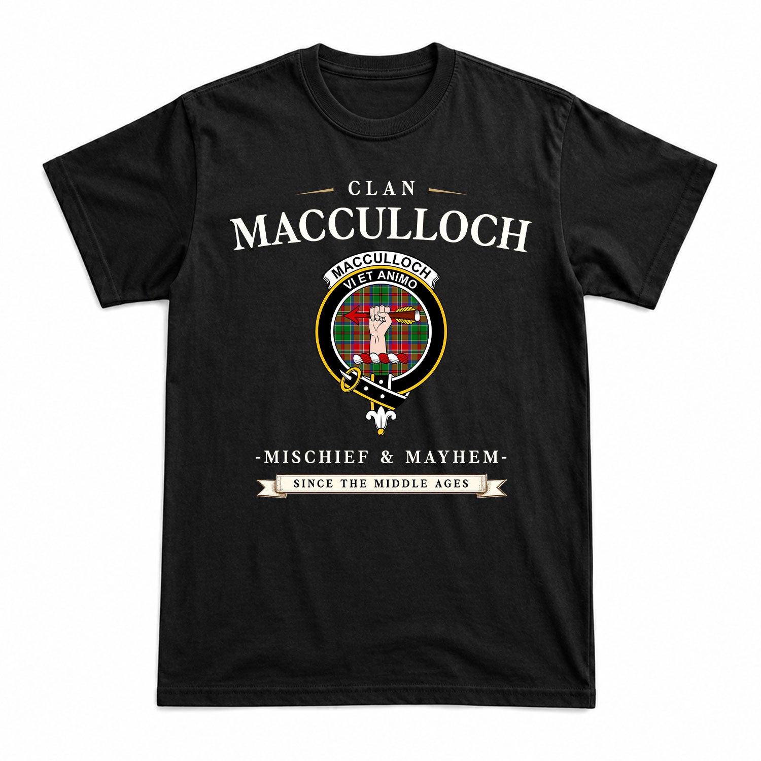 MacCulloch (McCulloch) Tartan Crest Mischief and Mayhem T-shirt