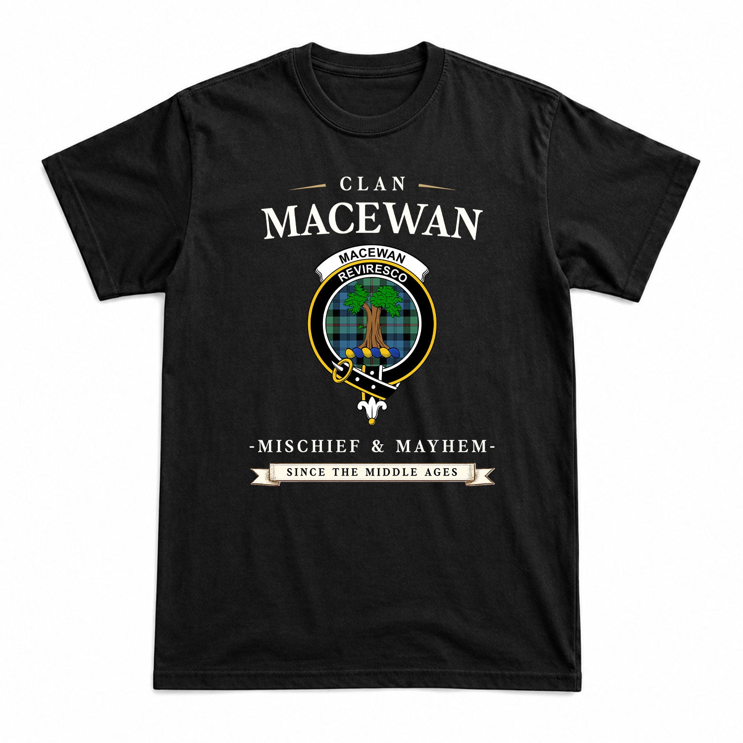 MacEwan Ancient Tartan Crest Mischief and Mayhem T-shirt
