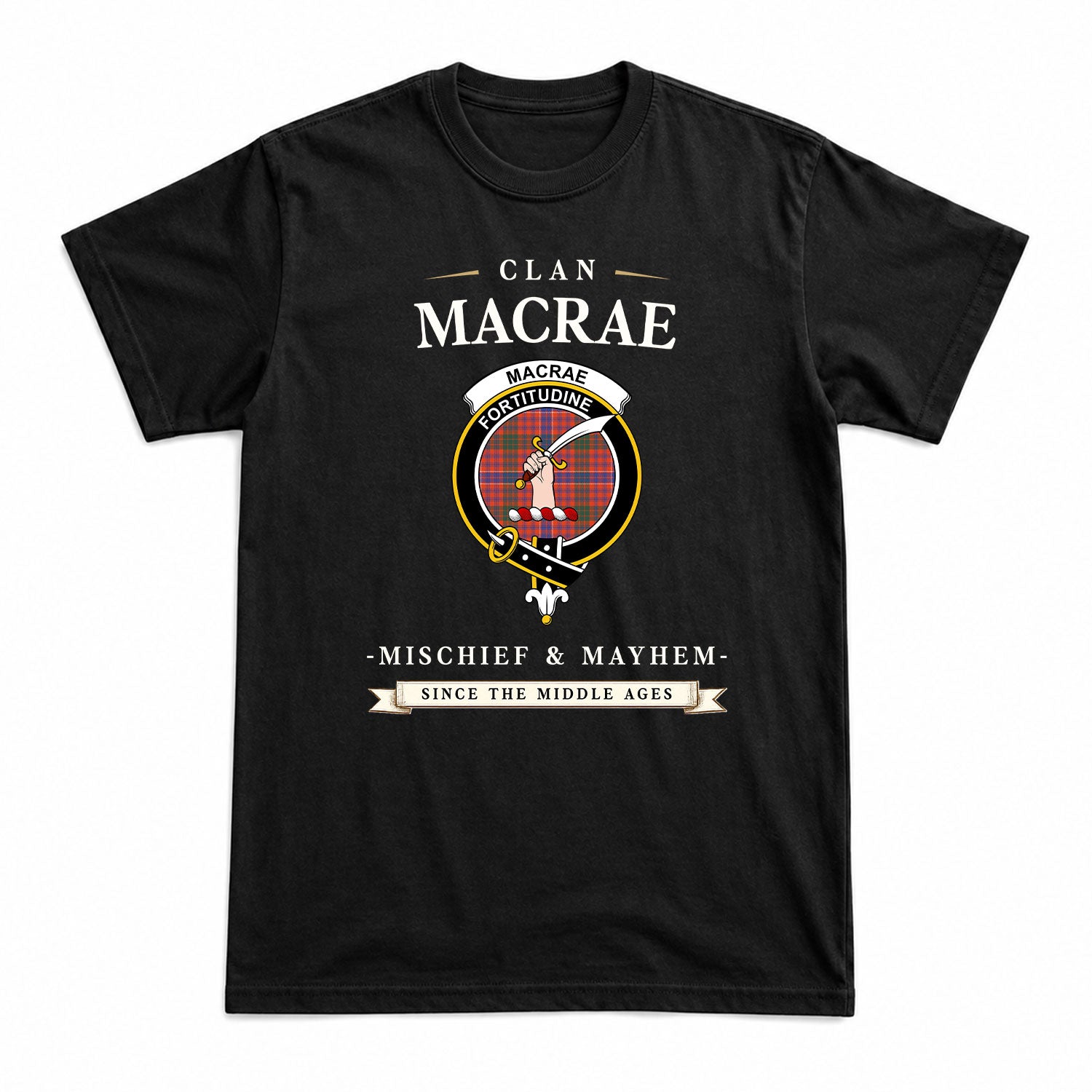 MacRae Ancient Tartan Crest Mischief and Mayhem T-shirt