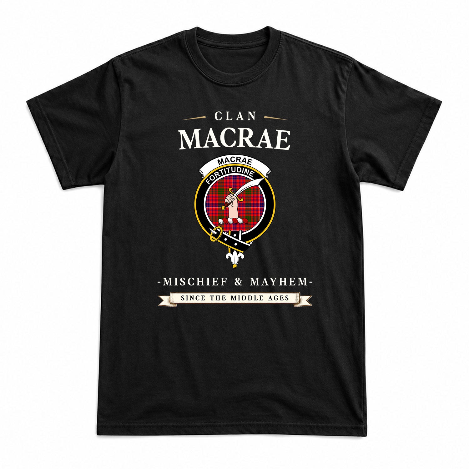 MacRae Modern Tartan Crest Mischief and Mayhem T-shirt