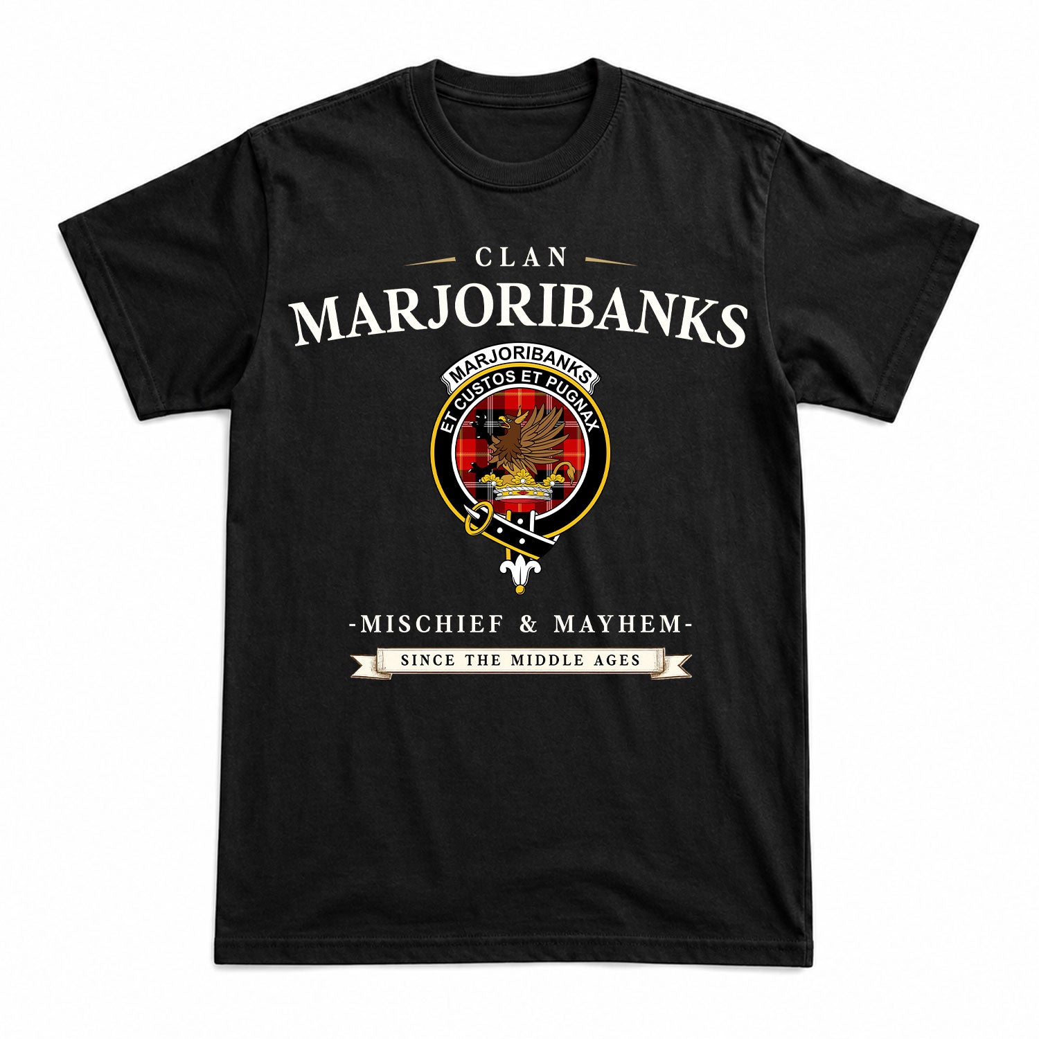 Marjoribanks Tartan Crest Mischief and Mayhem T-shirt