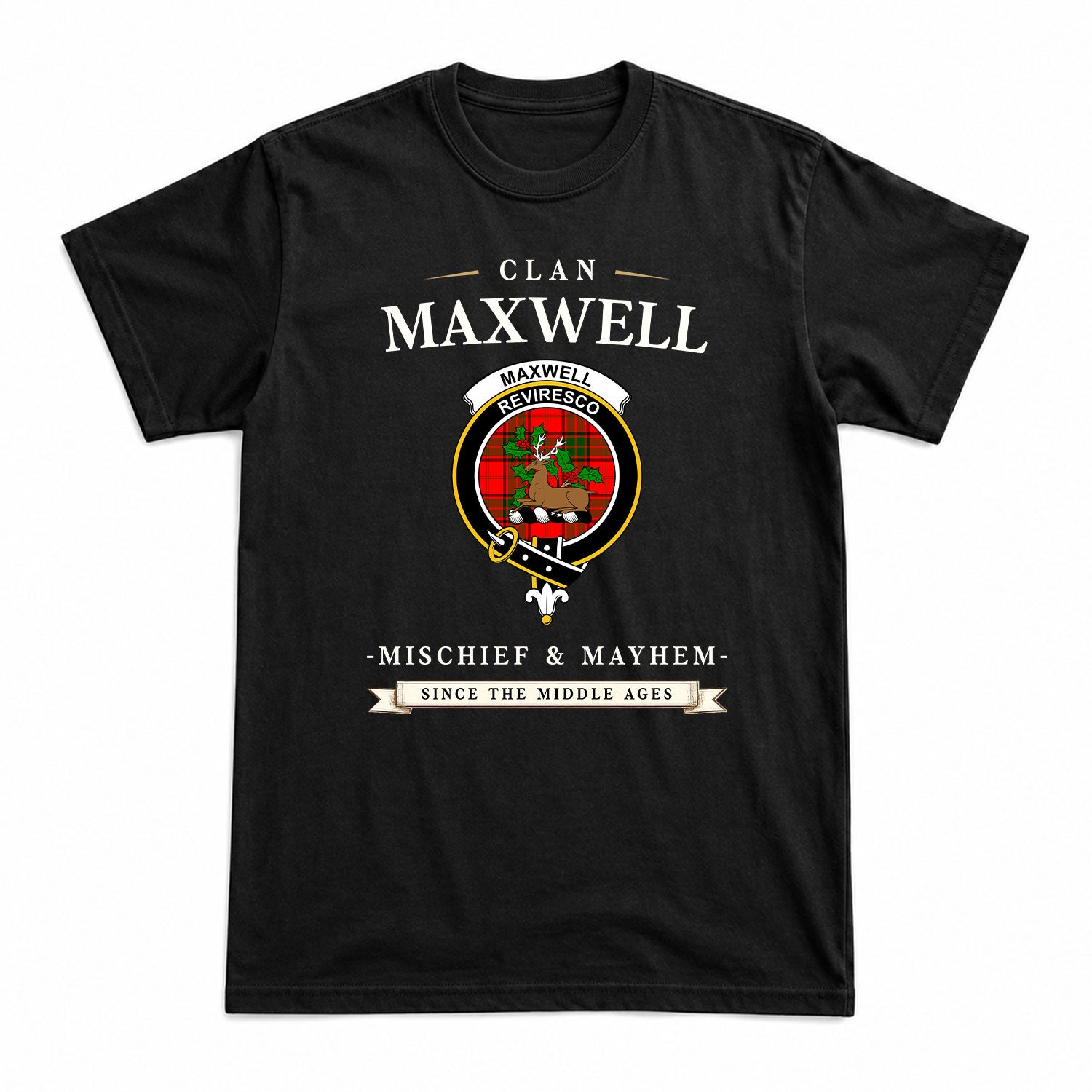 Maxwell Modern Tartan Crest Mischief and Mayhem T-shirt