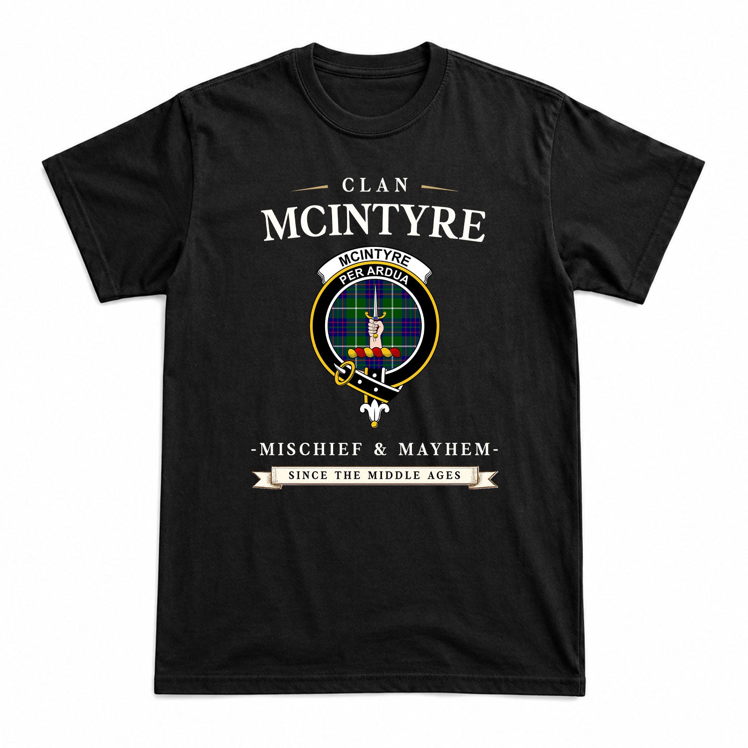 McIntyre Hunting Modern Tartan Crest Mischief and Mayhem T-shirt