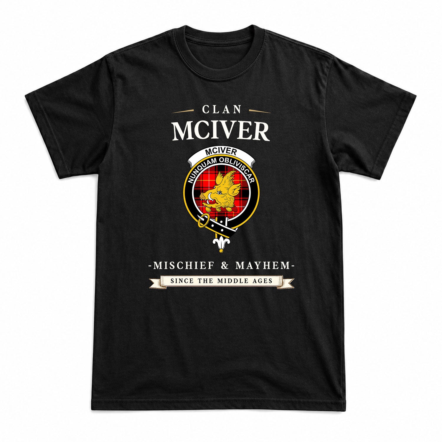 McIver Modern Tartan Crest Mischief and Mayhem T-shirt