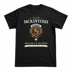McKintosh Hunting Modern Tartan Crest Mischief and Mayhem T-shirt