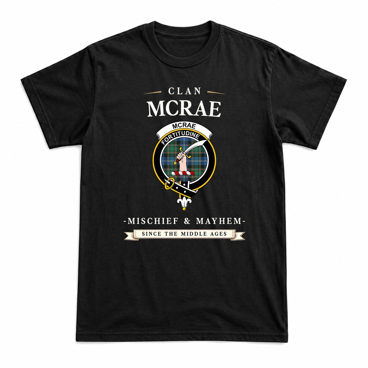 McRae Hunting Ancient Tartan Crest Mischief and Mayhem T-shirt