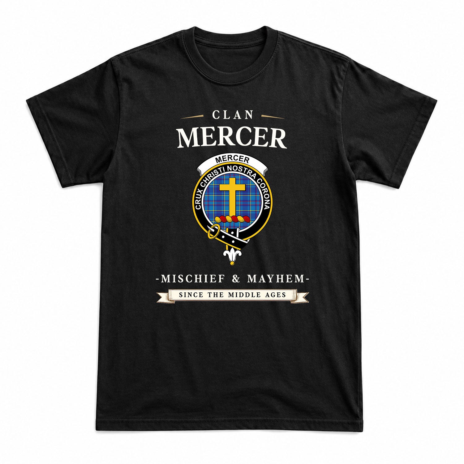 Mercer Modern Tartan Crest Mischief and Mayhem T-shirt