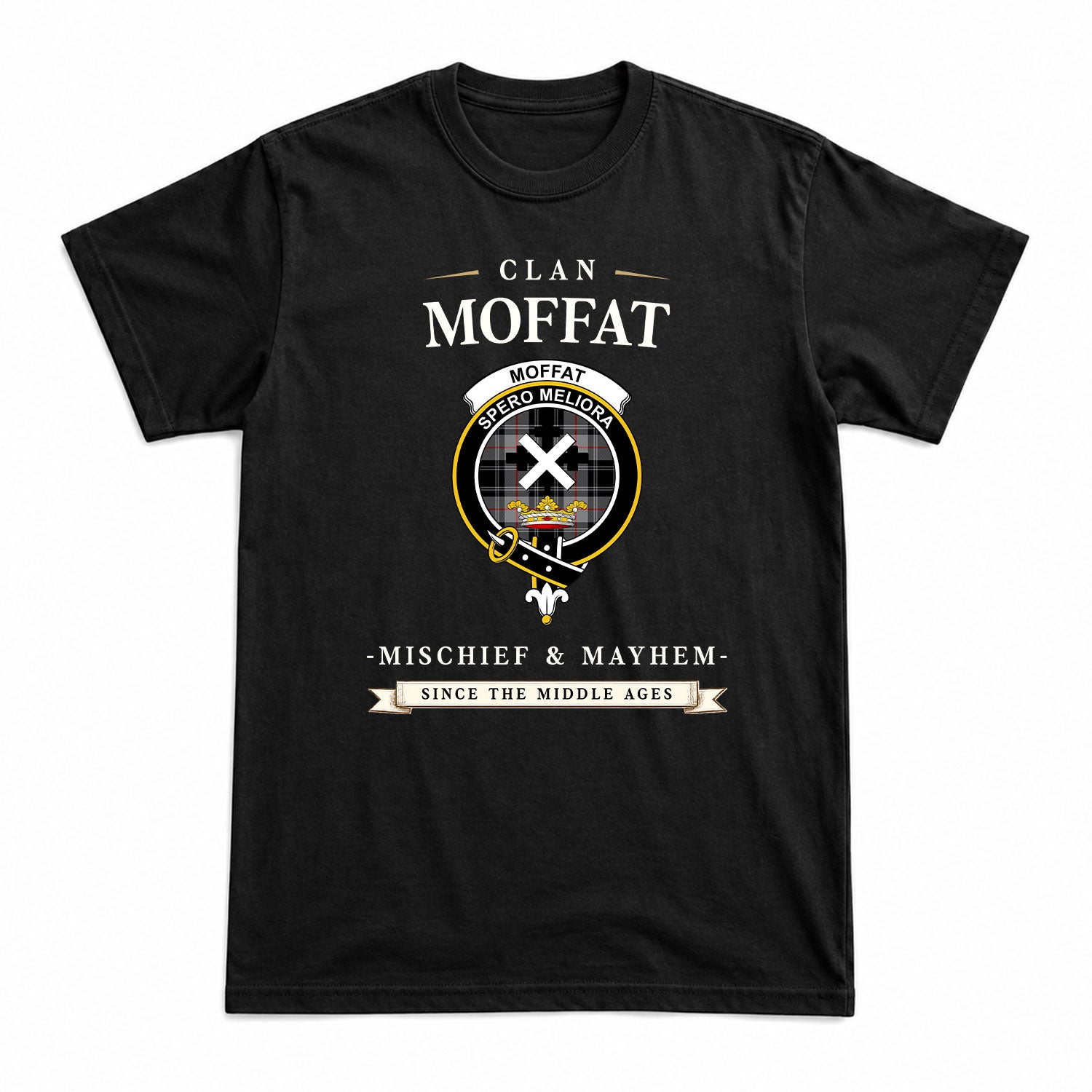 Moffat Modern Tartan Crest Mischief and Mayhem T-shirt